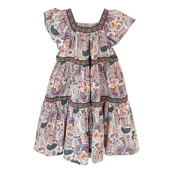 Mercatoo Toddler Girl's Summer Dresses Flowers Print Ruffle Trim Round Neck Puff Sleeve Flared A Line Dress Girls Casual Dress