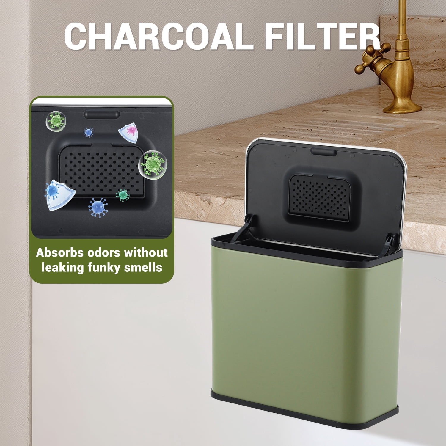 1.3 Gallon Stainless Steel Kitchen Waste Bin Compact Small Trash Can Durable Garbage Bin for Countertop Under Sink Bathroom Bedroom Cupboard - Green