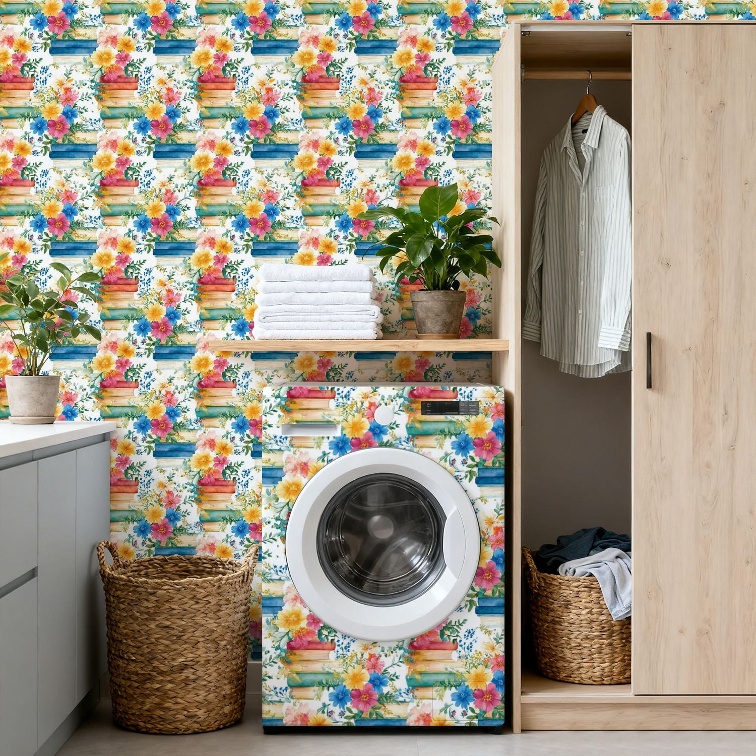 Peel and Stick Wallpaper Watercolor Floral Arrangement Colorful Books Blossoms Wall Mural 17.7in x 9.8ft Self Adhesive Removable Wall Paper Renter Friendly Wallpaper for Nursery Bedroom Classroom