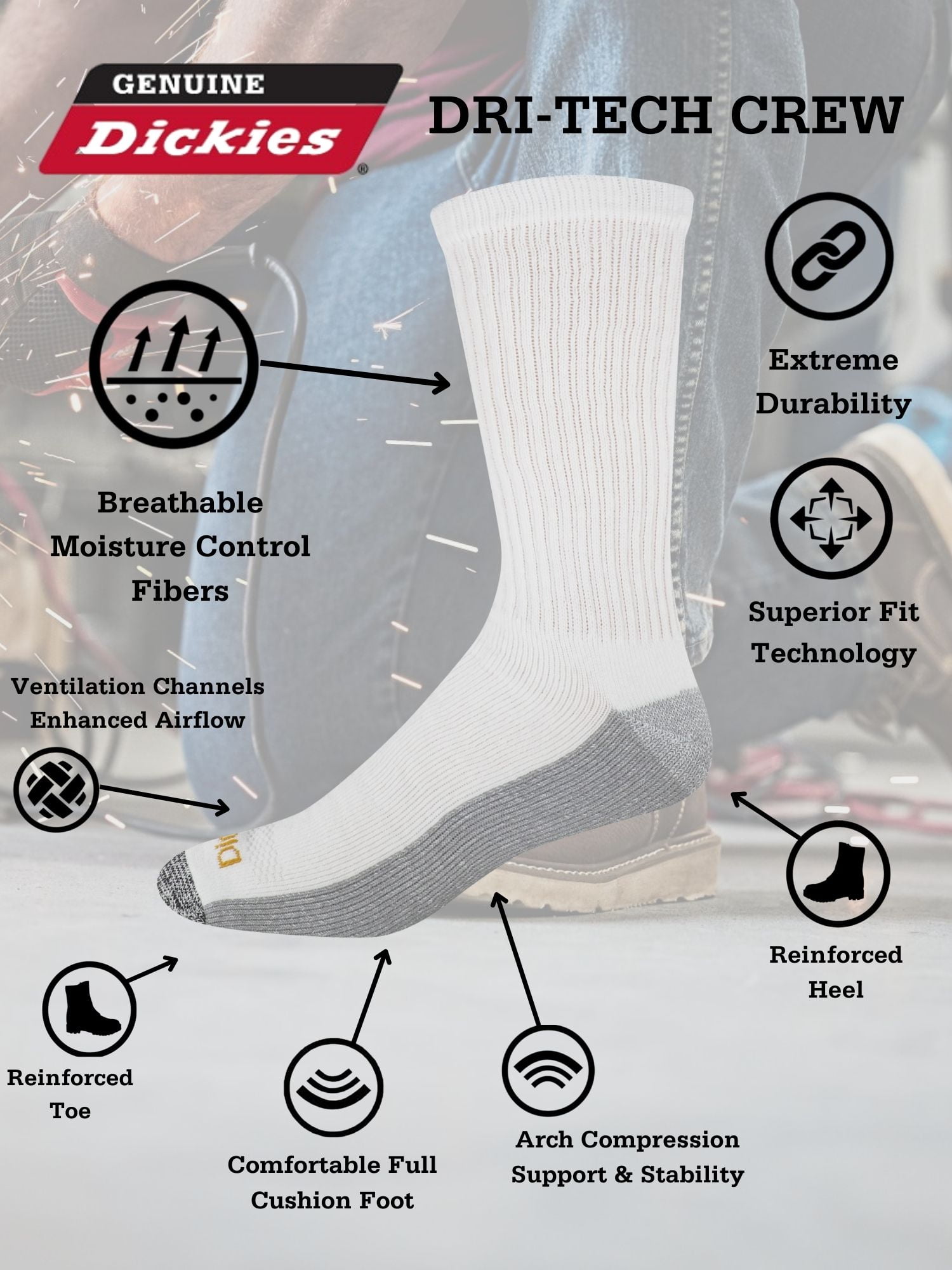 Dickies Men's Dri-Tech Crew Socks, 12 pack- Black/White Ext size 12-15