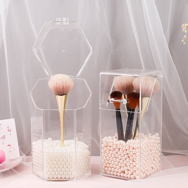 Estuche para cosméticos cuadrado con perlas, transparente, a prueba de polvo, con tapa, para brochas de maquillaje, cartucho para brochas de cejas, caja de almacenamiento de brochas de acrílico