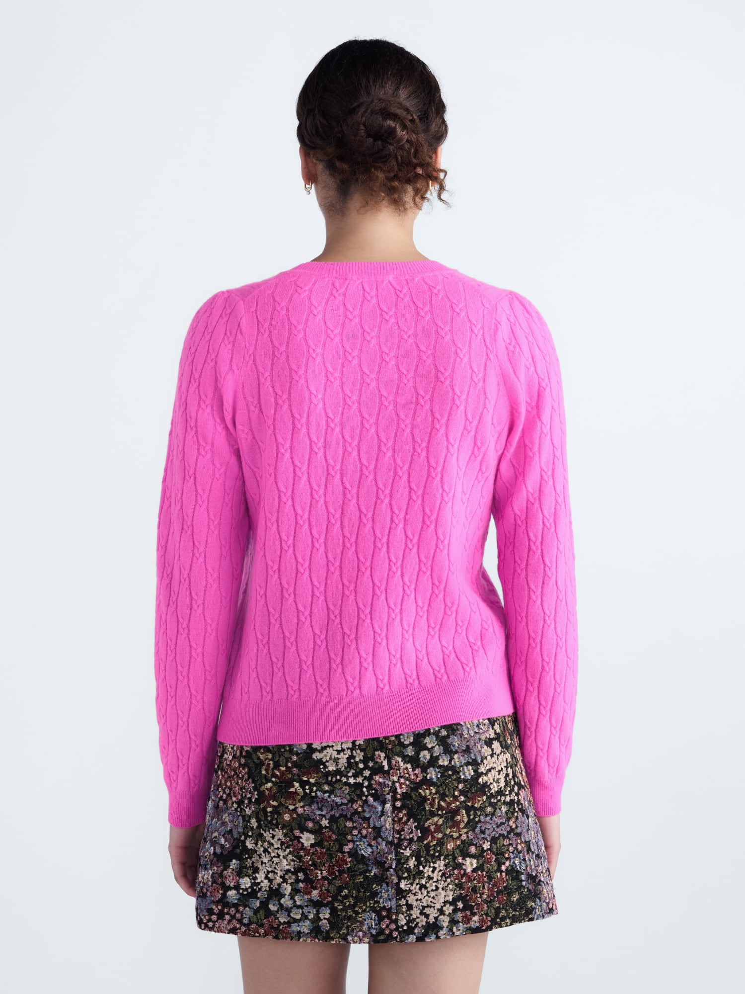 Free Assembly Women's and Women's Plus Cashmere Cable Knit Sweater with Puff Sleeves, Midweight, Sizes XS-4X