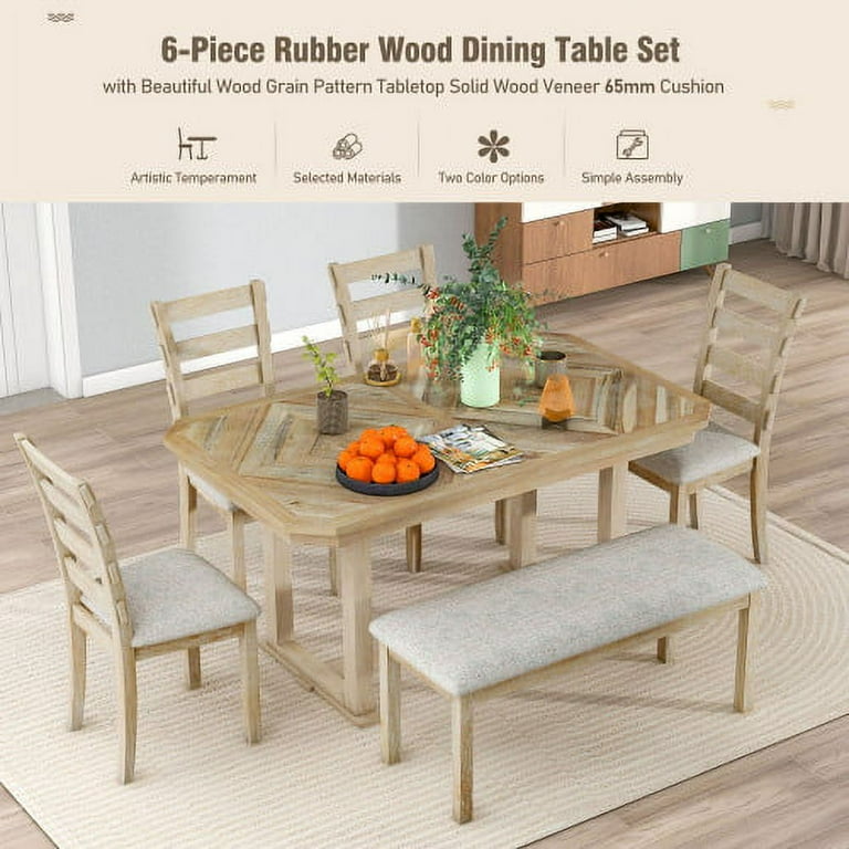 Rustic 6 Piece Dining Set Rubber Wood Dining Table with Wood Grain