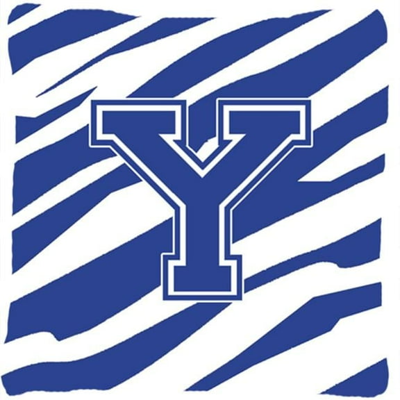 Monogram Initial Y Tiger Stripe Blue and White Fabric Decorative Pillow 14 x 14 in.