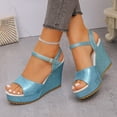 thumbnail image 6 of CYMMPU Women's Fish Mouth Open Toe Glitter Wedge Sandals, Adjustable Ankle Strap Platform Heels, Fashion Summer Casual Outdoor Beach Shoes Sky Blue 39, 6 of 9