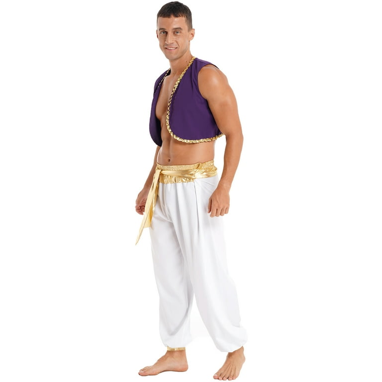 TiaoBug Mens Arabian Prince Costume Outfits Golden Vest and Bloomers Pants  Halloween Cosplay Party Suit Gold 3XL