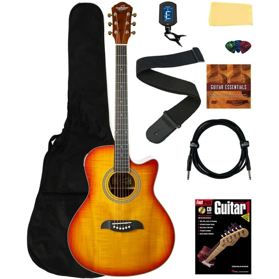 Oscar Schmidt OA10CE Mini Auditorium Cutaway Acoustic-Electric Guitar - Spalted Maple Bundle with Gig Bag, Cable, Tuner, Strap, Picks, Book, DVD, and Austin Bazaar Polishing Cloth