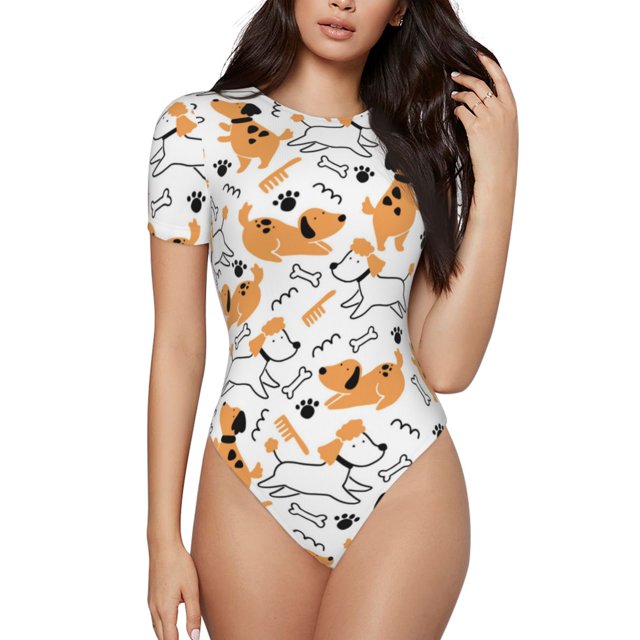 Fotbe Cute Dog Body de Mujer con Cuello Redondo y Mangas Cortas, Sin Mangas Ajustado, Suave, Cómodo y Básico-X-Large