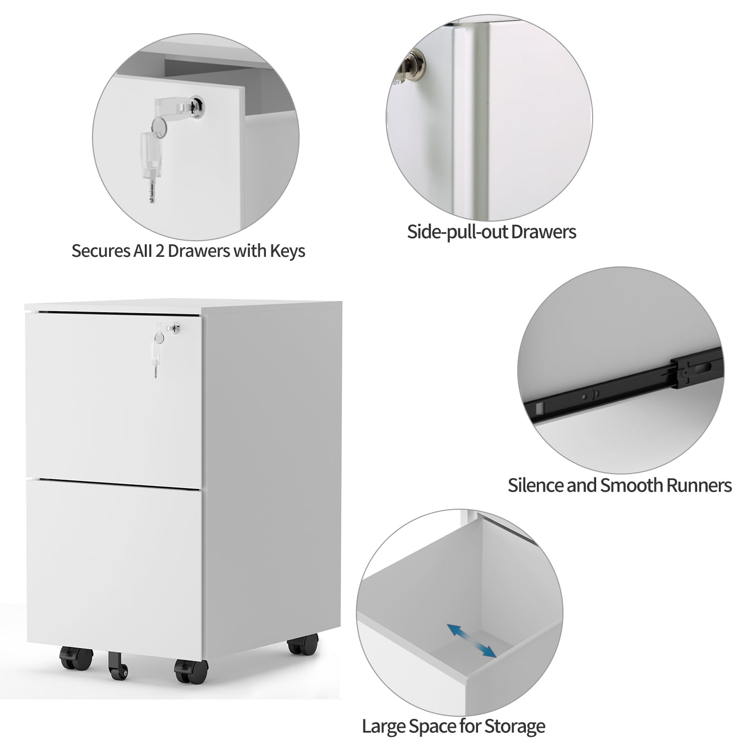Kepooman 2-Drawer Mobile Steel File Cabinet with Lock for Legal/Letter Size, 15"L x 19.6"W x 24.4"H, White