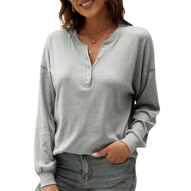 Camiseta holgada de manga larga con hombros caídos y botones para mujer Abanopi Camiseta mujer