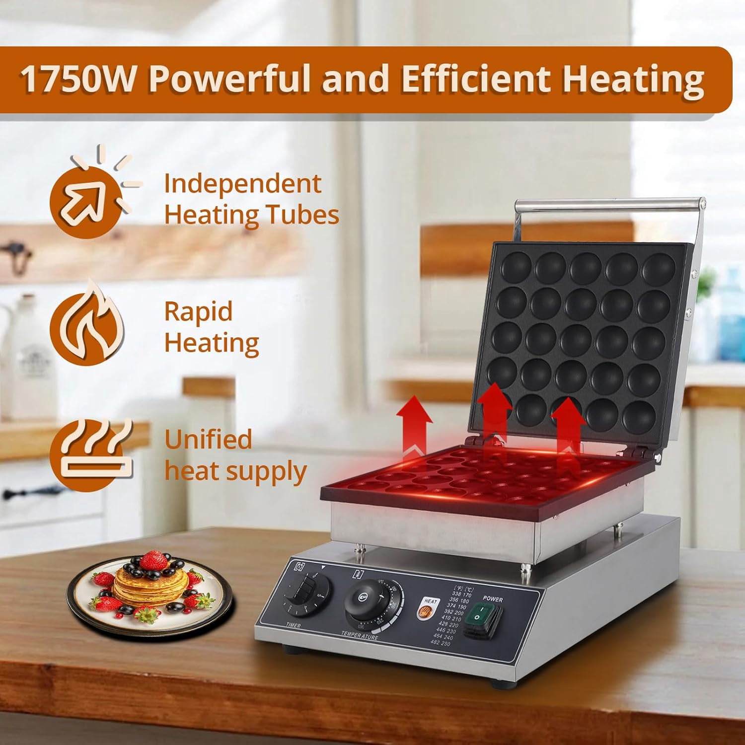 Commercial Round Muffin Maker 25 Hole Flip Top Non-Stick Waffle Maker Stainless Steel 110V Temperature and Time Control Heart Belgian Waffle Maker Ideal for Restaurant, Snack Bar and Home Use