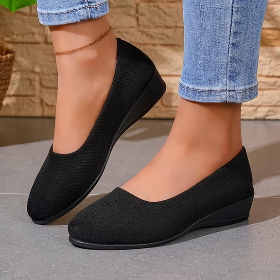 XUNKUSGA Shoes for Women Classic Soild Color Wedges Heels Slip On Shoes Women Lightweight Comfortable Closed Round Toe Womens Dress Shoes for Work,Black,5.5
