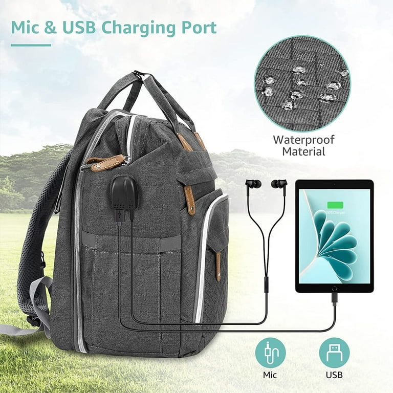 DerJunstar - Mochila para pañales con cambiador para bebés con cuna  portátil, impermeable, puerto de carga USB, sombrilla, color gris claro
