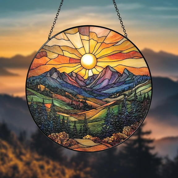 Stained Glass Mountain Range Suncatcher, Handmade Nature-Inspired Window Decor, Gift for Outdoor and Adventure Lovers Perfect for Home Decor