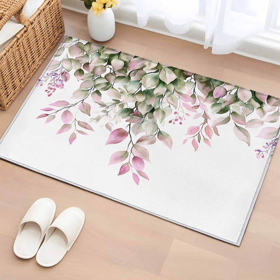 2x3 Ft Entryway Area Rug, Pink Green Eucalyptus Kitchen Rug Runner Washable Floor Mat, Spring Leaves Watercolor Fruit Non Slip Indoor Door Mat Throw Carpet for Bathroom Living Room Bedroom