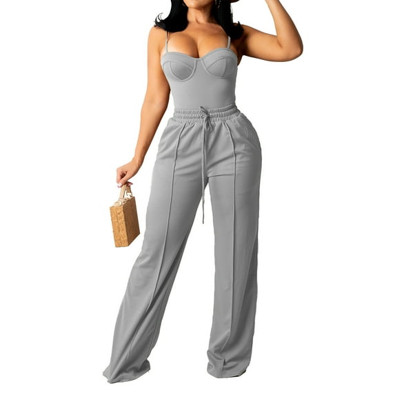 Qmyliery Women Summer Outfits Solid Color Sleeveless Camisole Crop Tops and Casual Drawstring Wide Leg Pants