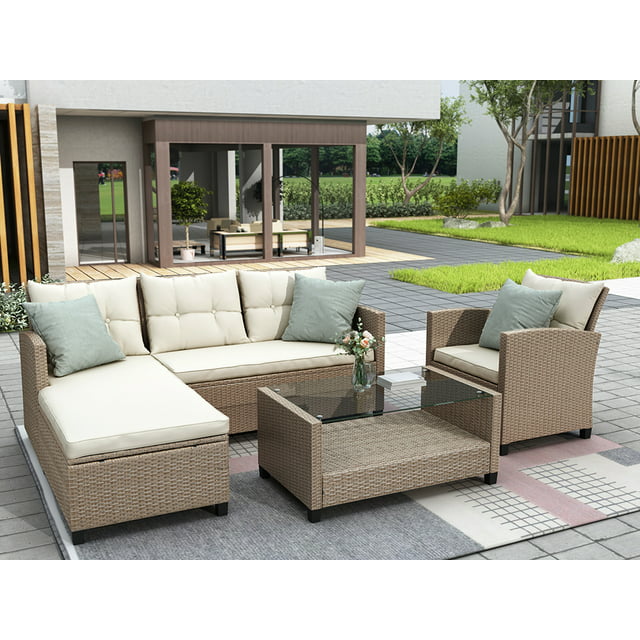 Patio Furniture Set Clearance, 4 Piece Patio Furniture Sets with Loveseat Sofa, Lounge Chair, Wicker Chair, Coffee Table, All-Weather Patio Sectional Sofa Set with Cushions for Backyard Garden Pool