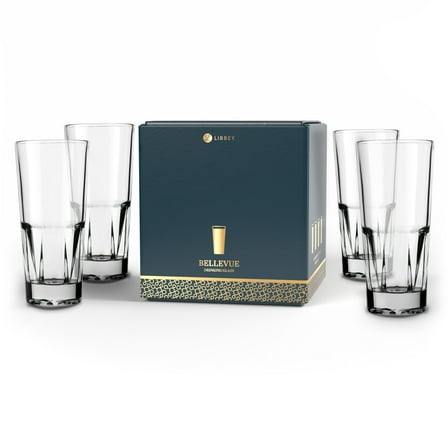 Libbey Bellevue Cocktail Glasses Set, 13.5 Oz, Clear, Stylish Retro Stackable Glass Cups, Modern Glassware Set for Cocktails, Mojito, and More