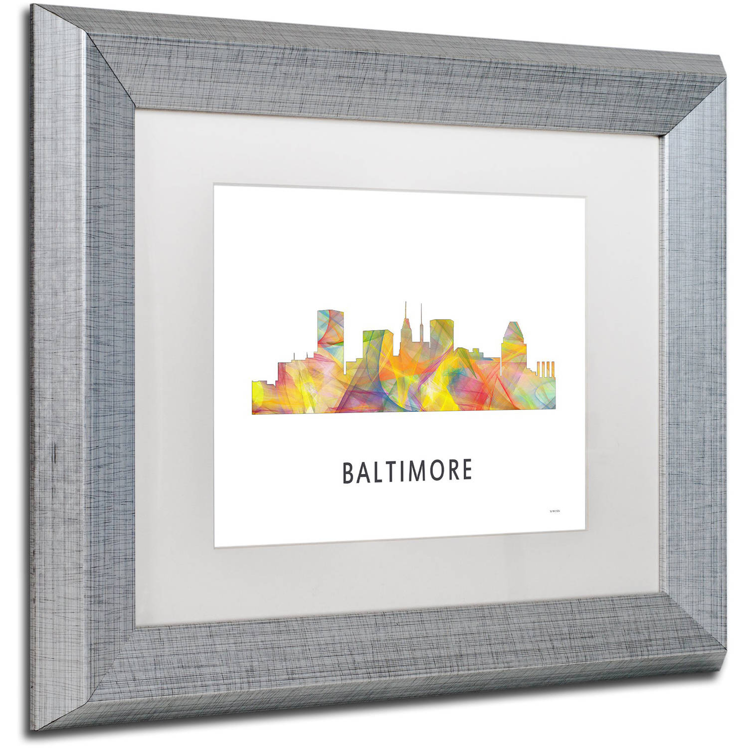 Trademark Fine Art 'Baltimore Maryland Skyline WB-1' Canvas Art by Marlene Watson, White Matte, Silver Frame