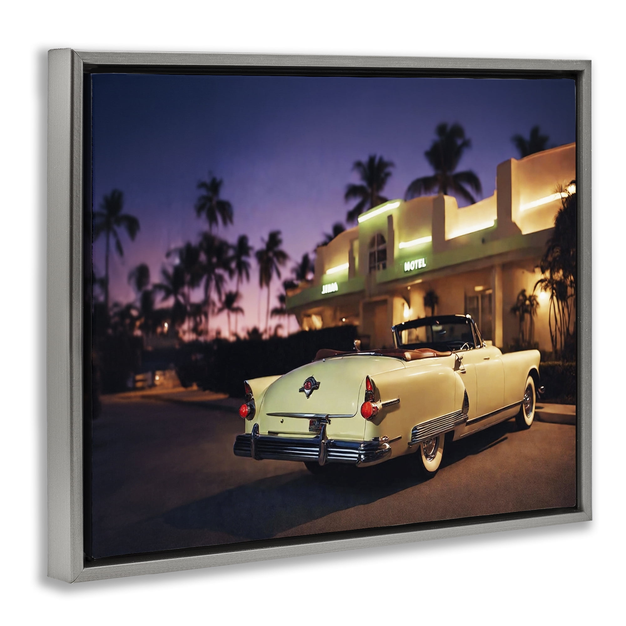 Stupell Industries Antique Car Tropical Motel Transportation Painting Gray Floater Framed Canvas Art Print Wall Art, 31 x 25