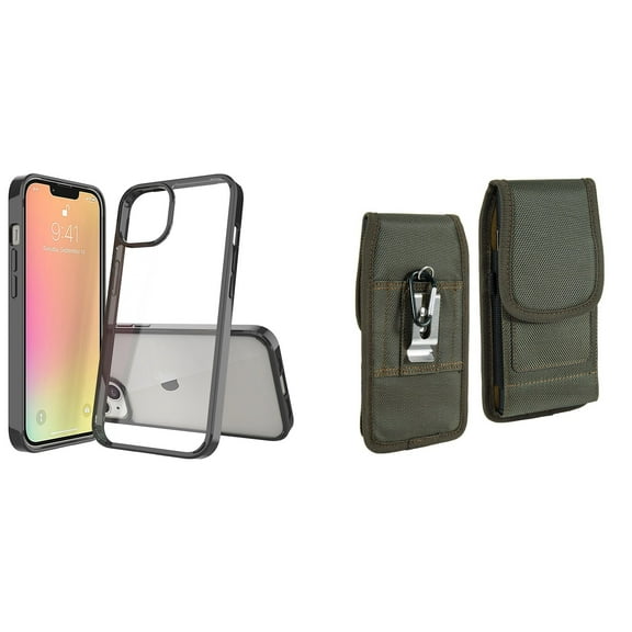 Bemz Case and Pouch Bundle for iPhone 14 Pro: Fusion Protector Slim Case (Black/Clear) and Vertical Rugged Nylon Belt Holster (Midnight Green)