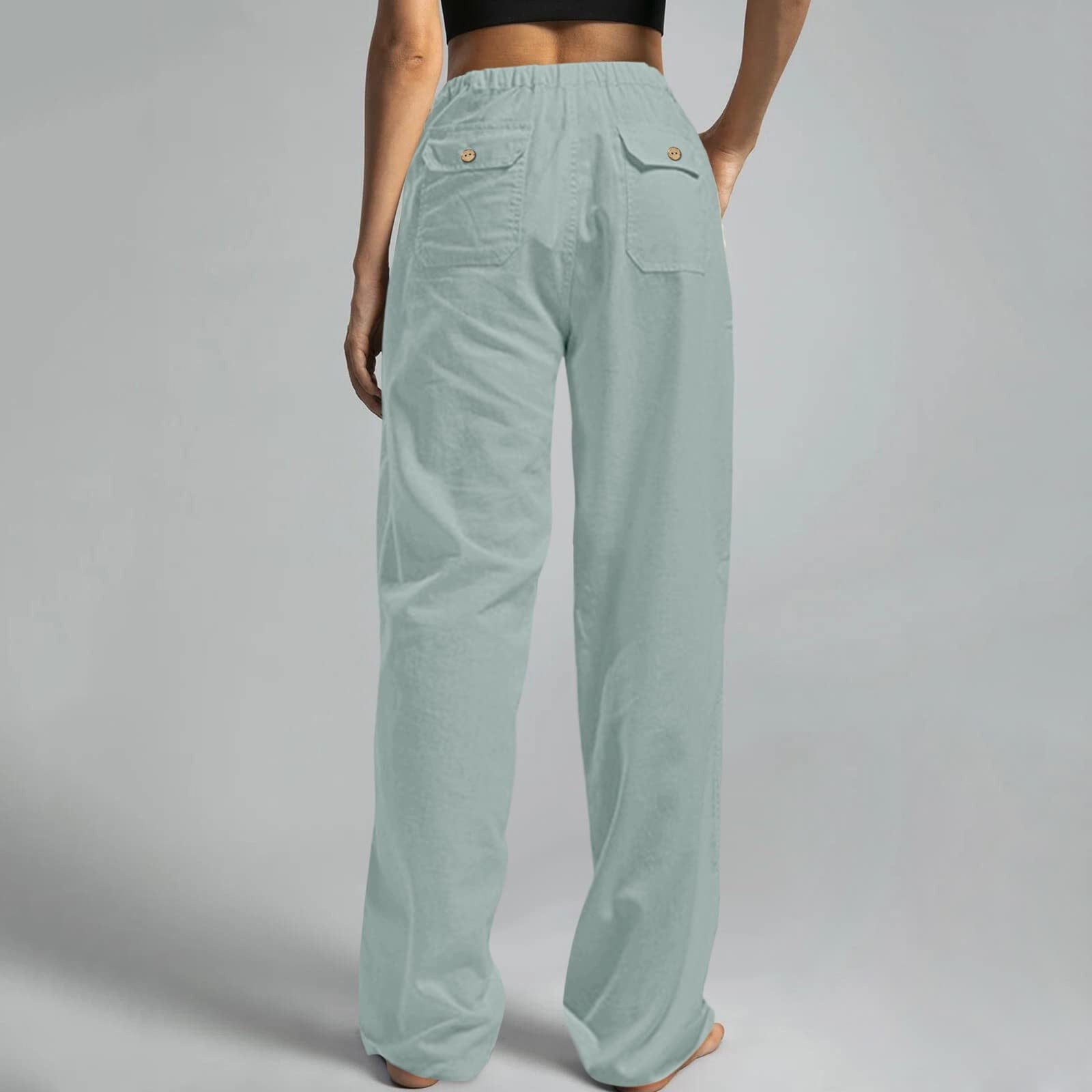 Womens Plus Size Pants Drawstring Straight Leg Cotton Linen