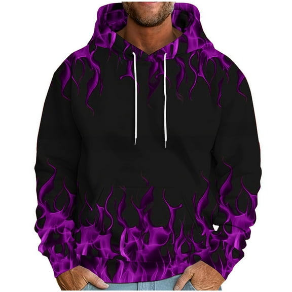 ZCFZJW Fashion 3D Flame Pattern Print Long Sleeve Hooded Sweatshirts for Men Big and Tall Regular Fit Casual Drawstring Graphic Hoodie Outwear Coat Tops with Pocket Purple M