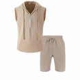 thumbnail image 4 of Mens 2 Piece Linen Outfits Sleeveless Hooded Tops Comfortable Shorts Workout Set Gym Tracksuit Sweatsuits Khaki XXXL, 4 of 5