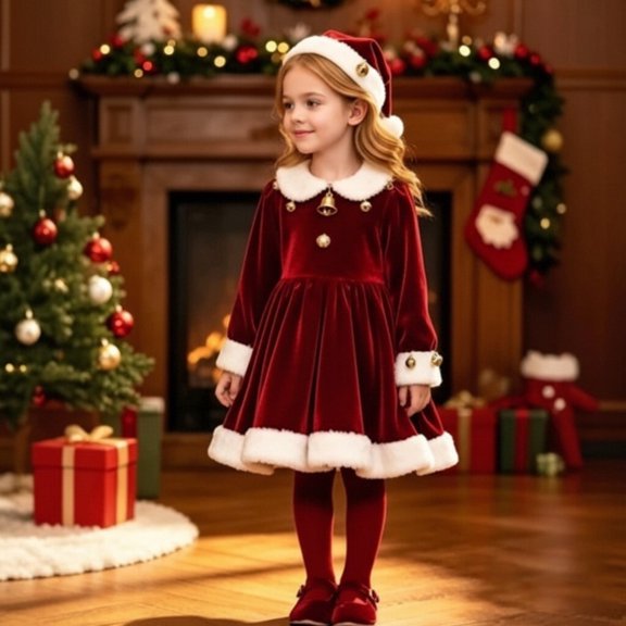XINXIAOO Girls Santa Dress with Matching Hat Kids Girls Red Dress Holiday Cosplay Party Christmas Outfit, 2-Piece Set