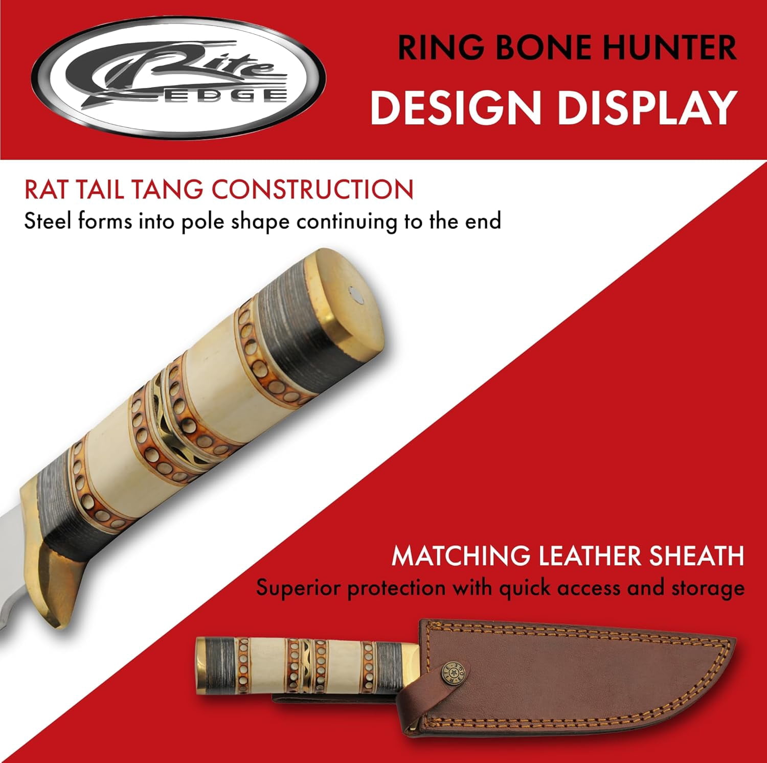 SZCO Supplies 12.5" Full Tang Clip Point Hunting Knife with Stainless Steel Blade, Bone & Wood Handle, Brass Guard, and Leather Sheath – Fixed Blade Outdoor Knife for Camping