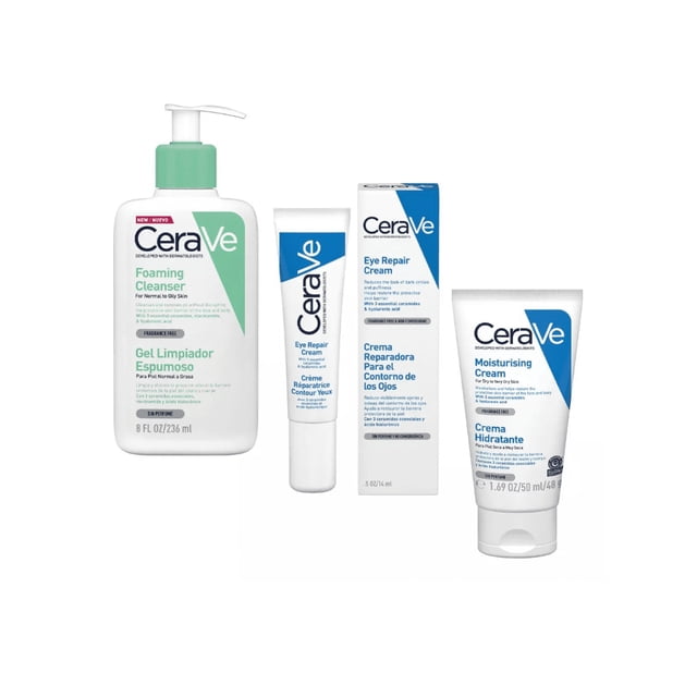 Kit Skincare Cuidado de la Piel Cerave: Gel Limpiador, Crema Ojos e Hidratante Facial y Corporal Reparador Hidrante