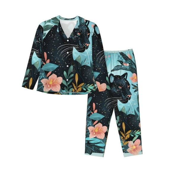 Vsdgher Black Panther Floral Illustration Pajamas Set Long Sleeve Sleepwear Womens Button Down Nightwear Pj Sets-Small