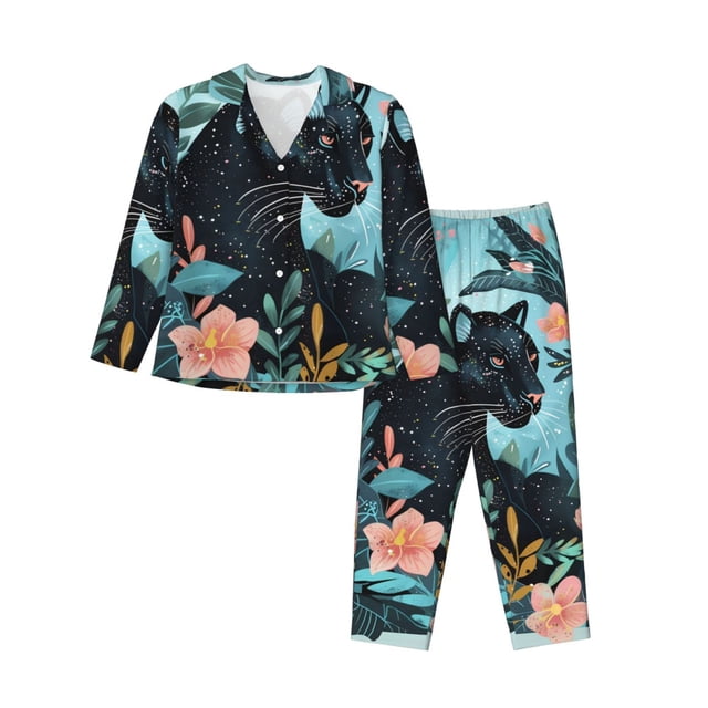 Balery Black Panther Floral Illustration Conjunto de Pijama con Estampado para Mujer, Conjunto de Dos Piezas con Manga Larga, Ropa de Dormir Suave con Bolsillos, Pijamas Cómodos-XX-Large
