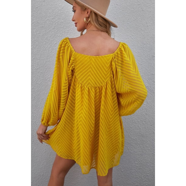ABPHQTO Vestido corto estilo babydoll con manga farol y cuello cuadrado amarillo para mujer