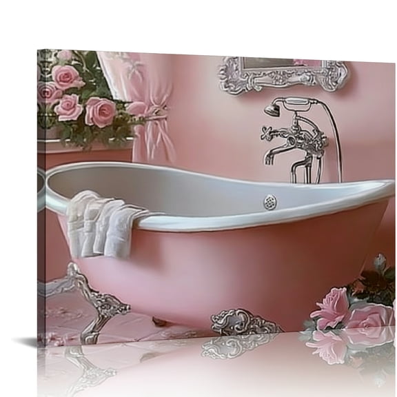 RKSupls Pink Clawfoot Tub Roses Canvas Wall Art, Romantic Vintage Bathroom Wall Decor Print, Modern Artwork for Living Room Bedroom Office Home Decor