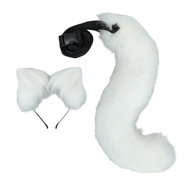 Conjunto de orejas y cola de gato, diadema con orejas de gato y cola, orejas de gatito de anime, Halloween Blanco
