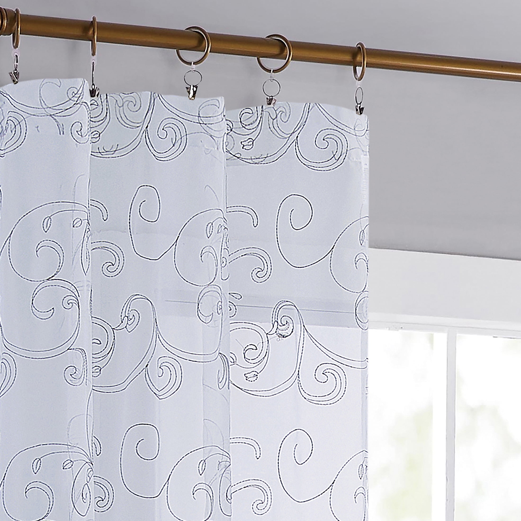 Mainstays Embroidered Scroll Rod Pocket Sheer Single Curtain Panel, White/Grey, 38" W x 84" L