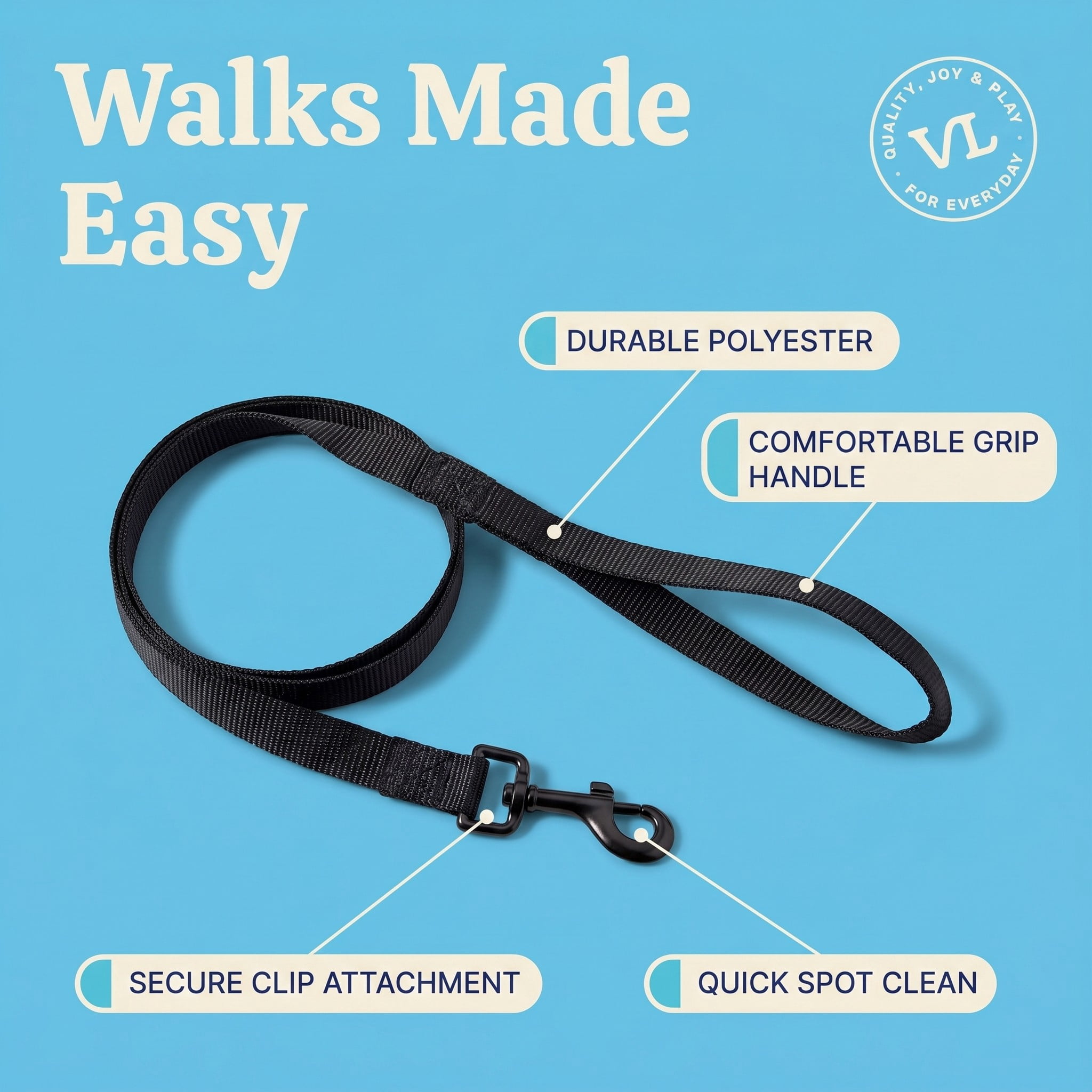 Vibrant Life 4' Solid Polyester Leash, Black, M