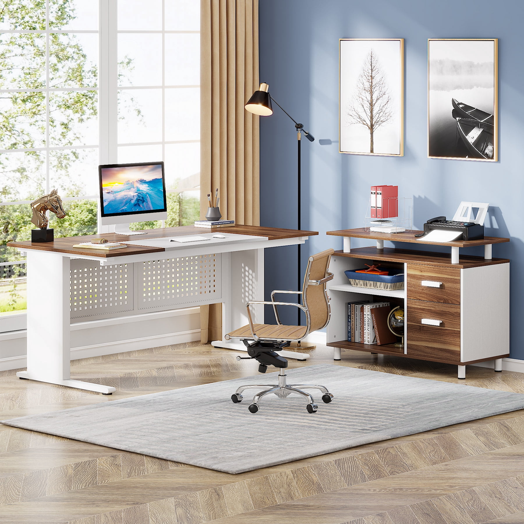 Tribesigns 63 Inch Executive Desk with File Cabinet, L Shaped Computer Desk with Drawers and Storage Shelves, Large Office Desk Business Furniture Desk Workstation for Home Office, Walnut and White