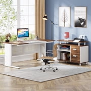 Tribesigns 63 Inch Executive Desk with File Cabinet, L Shaped Computer Desk with Drawers and Storage Shelves, Large Office Desk Business Furniture Desk Workstation for Home Office, Walnut and White
