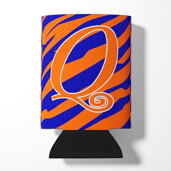 Letter Q Initial Tiger Stripe Blue and Orange Can or Bottle Hugger