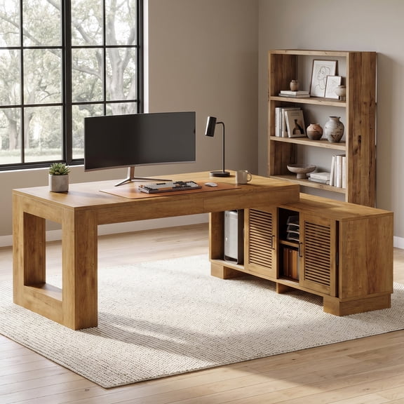 Fnova 63 Inch L-Shaped Computer Desk with Louvered Door Cabinet and Shelves for Home Office