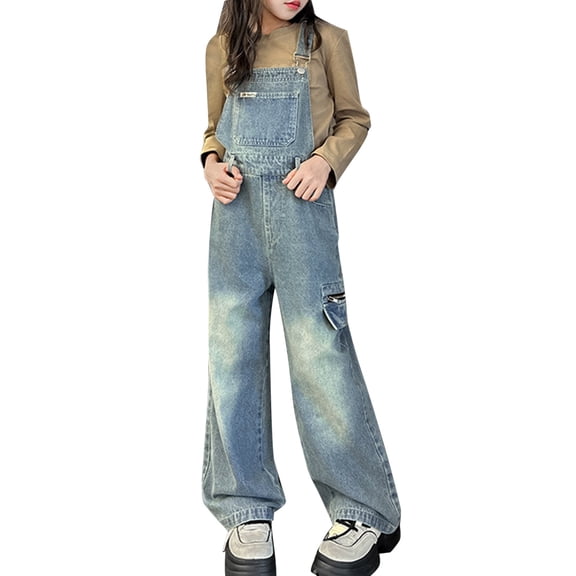 UACY Girls Denim Overalls with Adjustable Straps, Baggy Wide Leg Loose Fit Jean Jumpsuit Dungarees Pants Casual Preppy (Light Blue, 15-16 Years)
