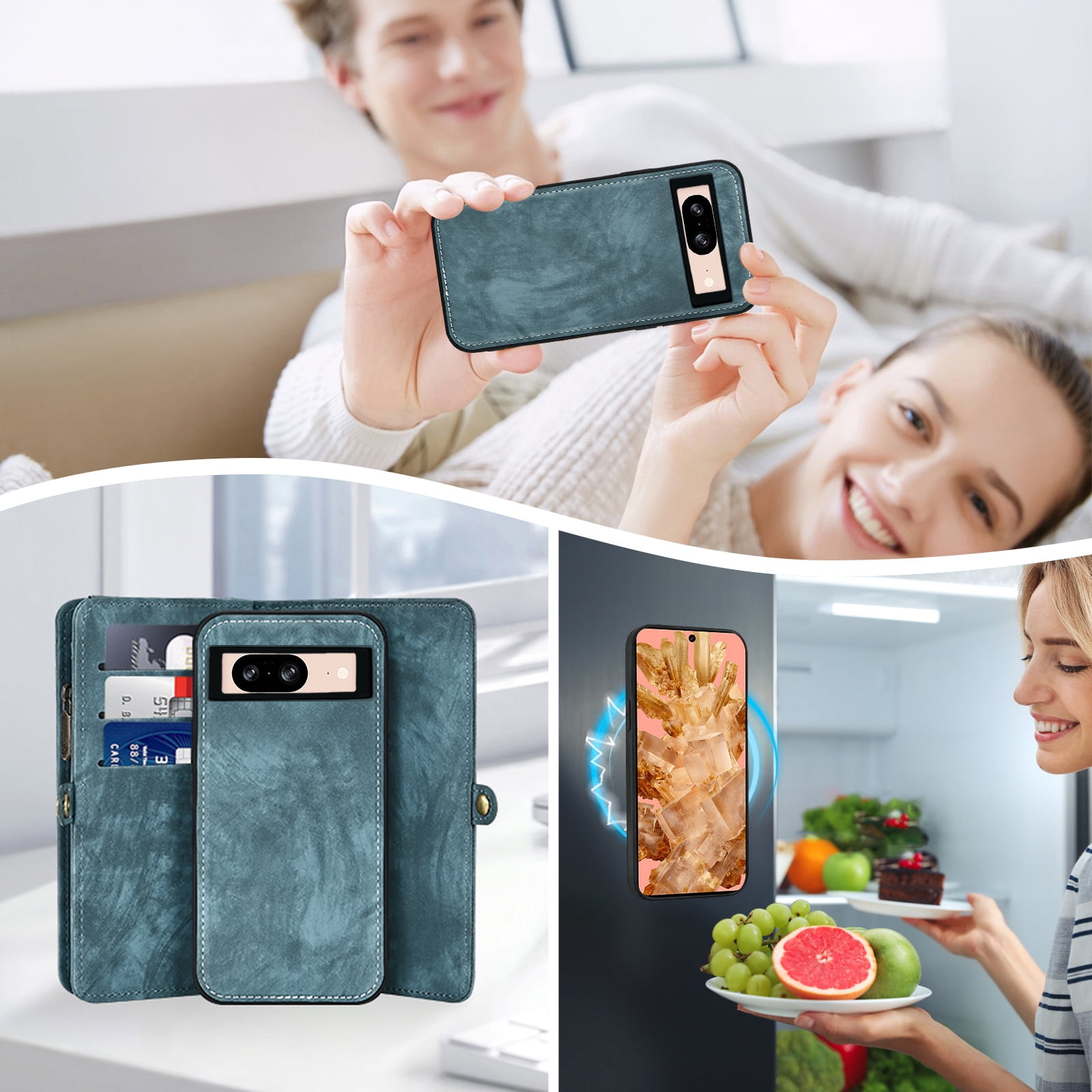 Asuwish Compatible with Google Pixel 8 5G Phone Case Zipper Wallet Detachable Tempered Glass Screen Protector Crossbody Lanyard Strap Flip Card Holder Cell Cover for Pixel8 Eight Women Men Girls Blue