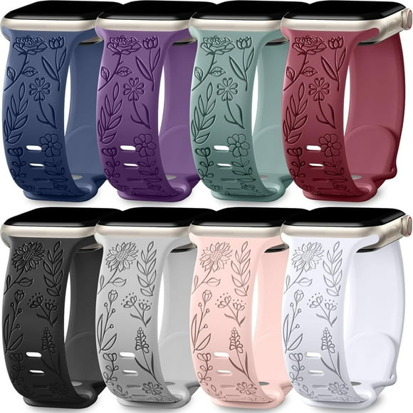 Tianle 8 Pack Bands for Women Apple Watch 40mm 41mm 38mm 42mm 44mm 45mm 49mm iWatch Series 9 8 7 6 5 4 3 Ultra 2/1 SE SE 2nd, Soft Silicone Floral Engraved Dressy Wrist Straps