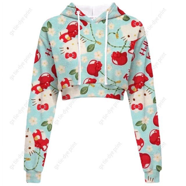 Chandail à Capuchon Imprimé Hello Kitty pour Femmes, Hauts Courts Kawaii Imprimés Harajuku, Sweat Court à Col Rond pour Femmes Harajuku