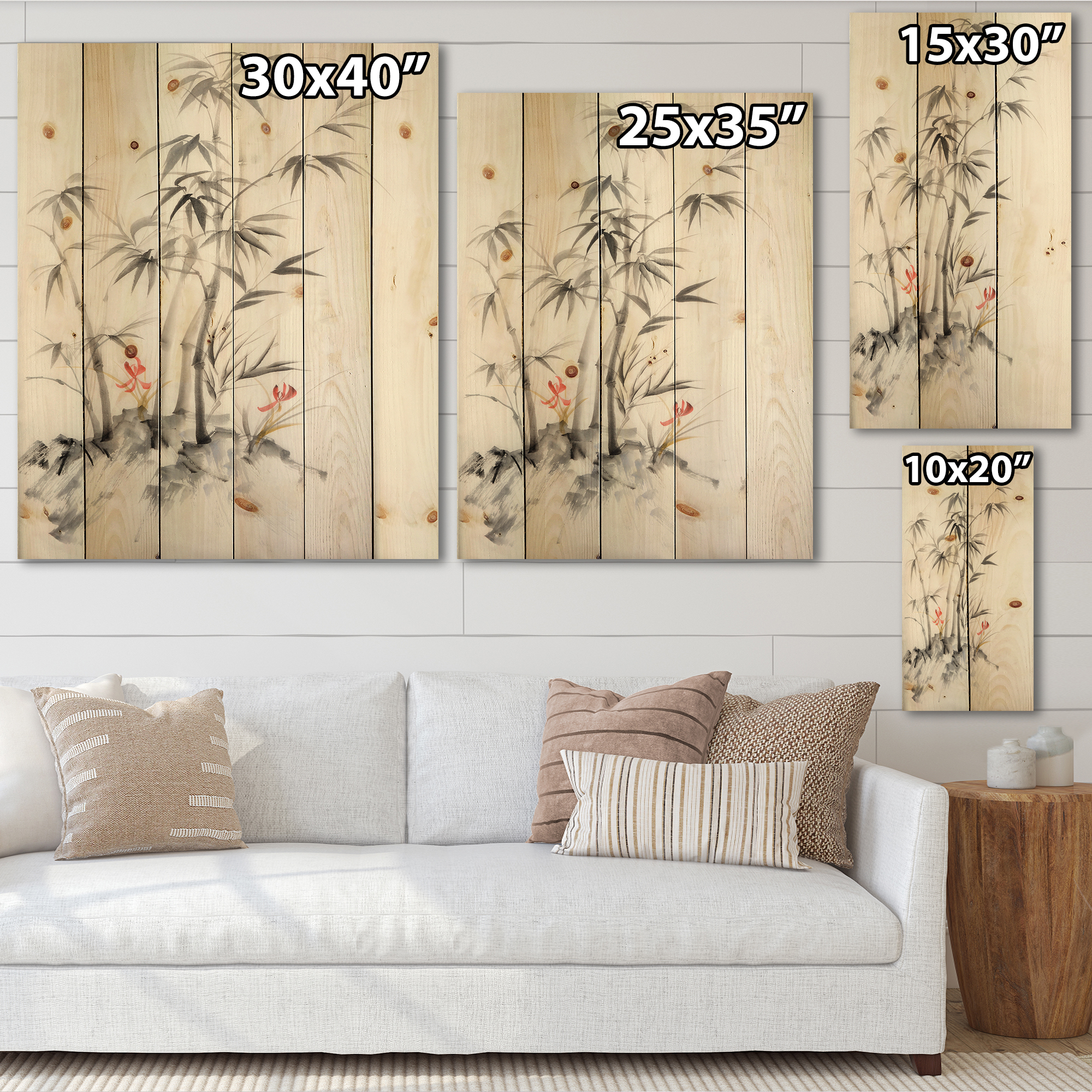 Designart 'Vintage Black and White Bamboo III' Traditional Print on Natural Pine Wood