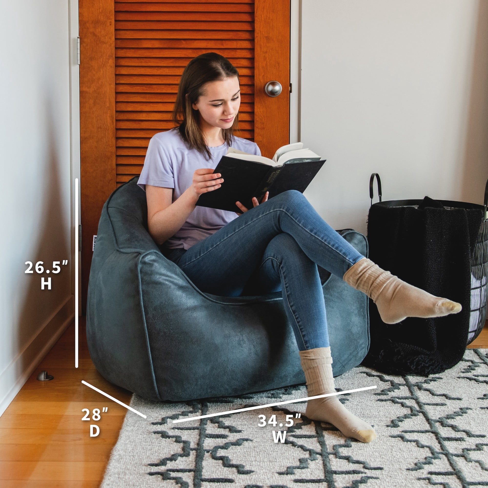 Big Joe Hug Bean Bag Chair, Basalt Blue, Vegan Suede, Kids/Teens, 3 feet