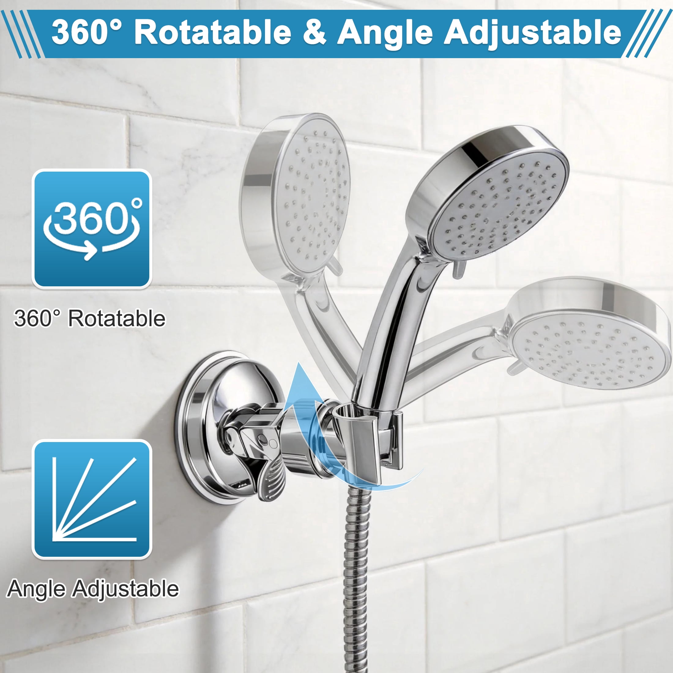 Shower Head Holder, 360‑Degree Adjustable Suction Cup Handheld Shower Bracket, Shower Wand holder No Drill Shower Wall Mount, Removable Shower Head Mount Holder for Smooth Bathroom Surfaces