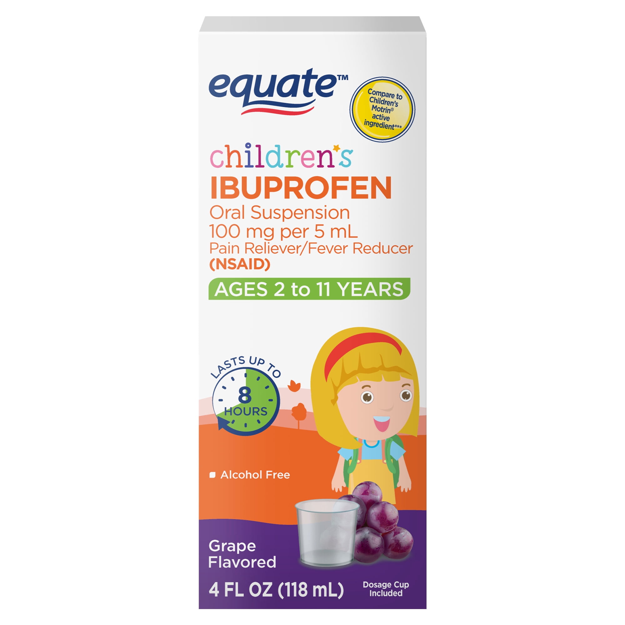 (4 pack) Equate Children's Pain Reliever/Fever Reducer Ibuprofen Oral Suspension, Grape Flavor, 100 mg, 4 fl oz
